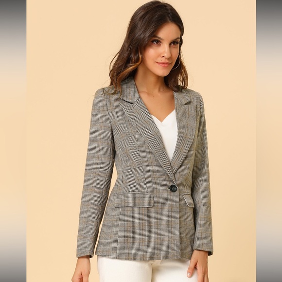 Allegra K Plaid Notched Lapel One Button Houndstooth Blazer Jacket - Picture 1 of 14